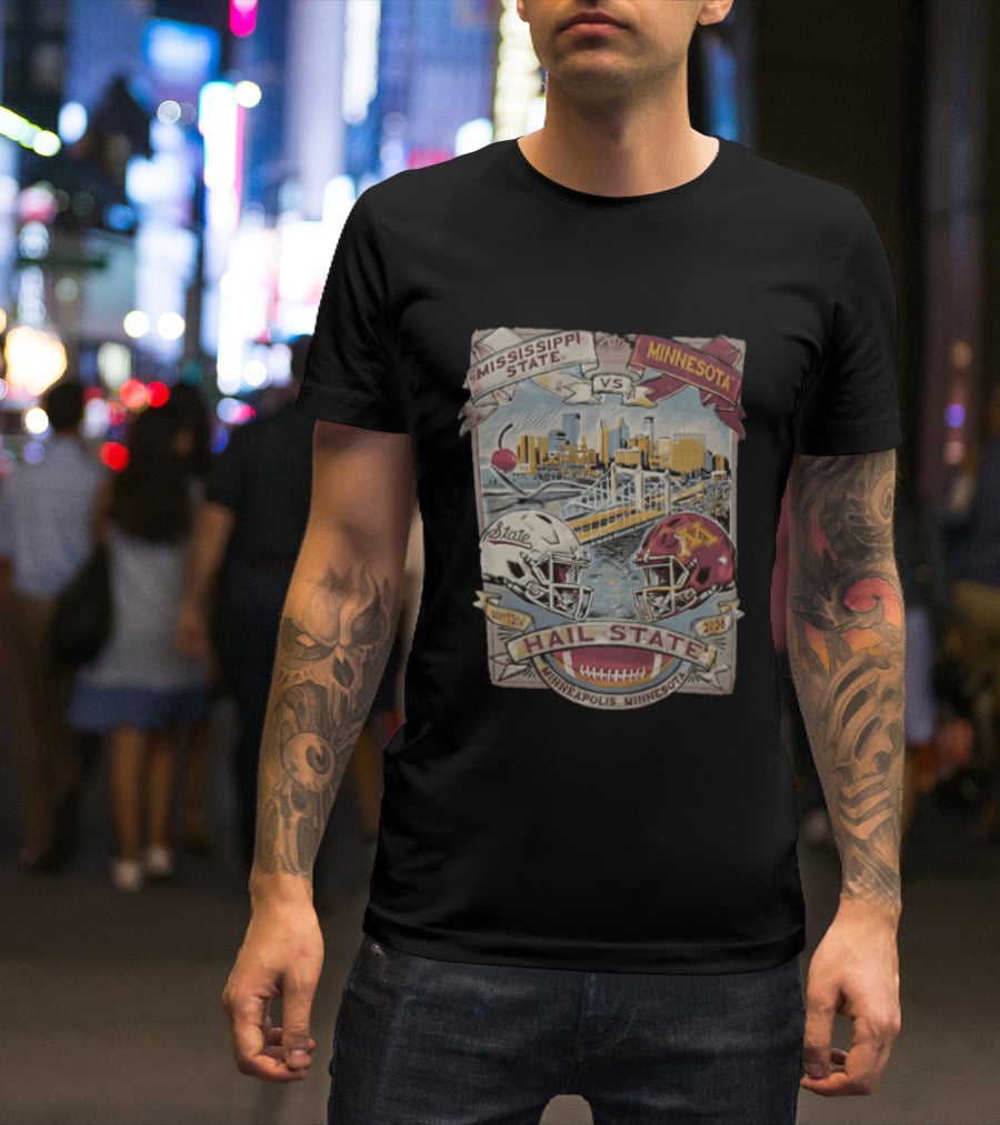 Mississippi State Vs Minnesota September 12th 2026 Hail State Minneapolis Minnesota Football Helmets And Skyline T-Shirt