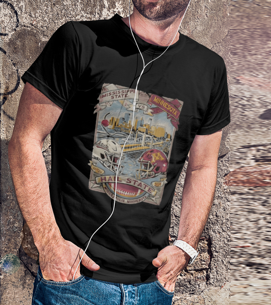 Mississippi State Vs Minnesota September 12th 2026 Hail State Minneapolis Minnesota Football Helmets And Skyline T-Shirt