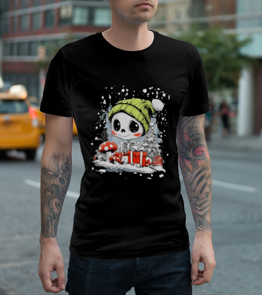 Skeleton In Green Beanie Hat With Mushroom And Christmas Present T-Shirt