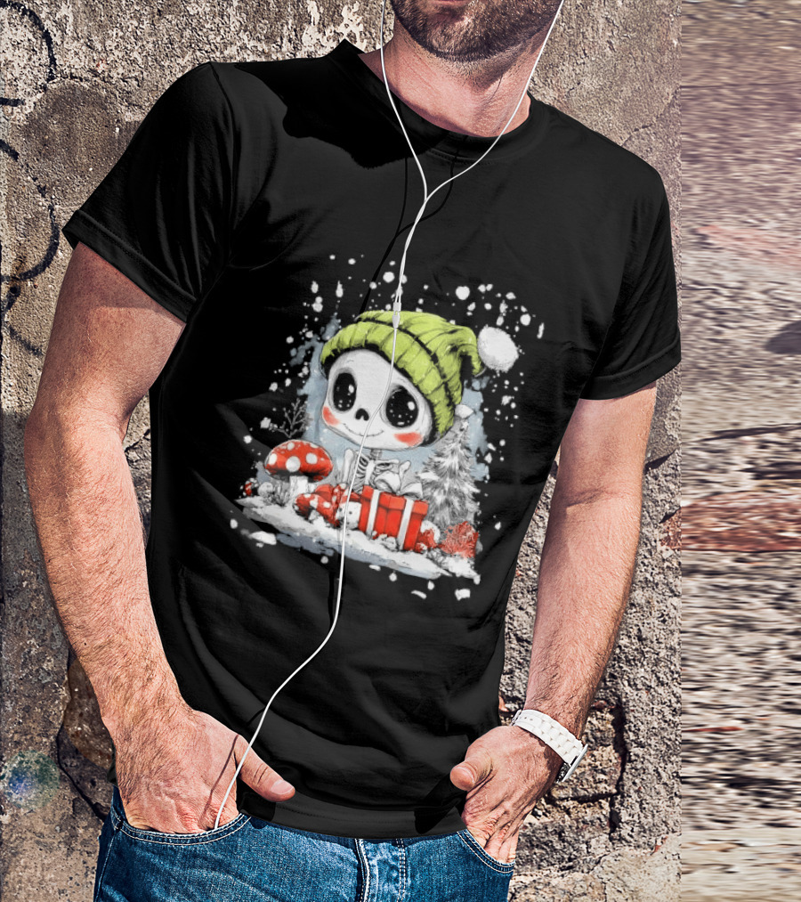Skeleton In Green Beanie Hat With Mushroom And Christmas Present T-Shirt