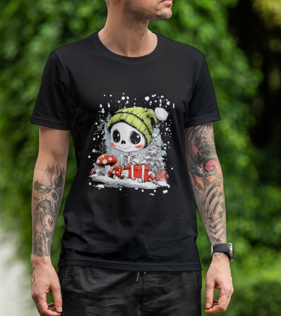 Skeleton In Green Beanie Hat With Mushroom And Christmas Present T-Shirt