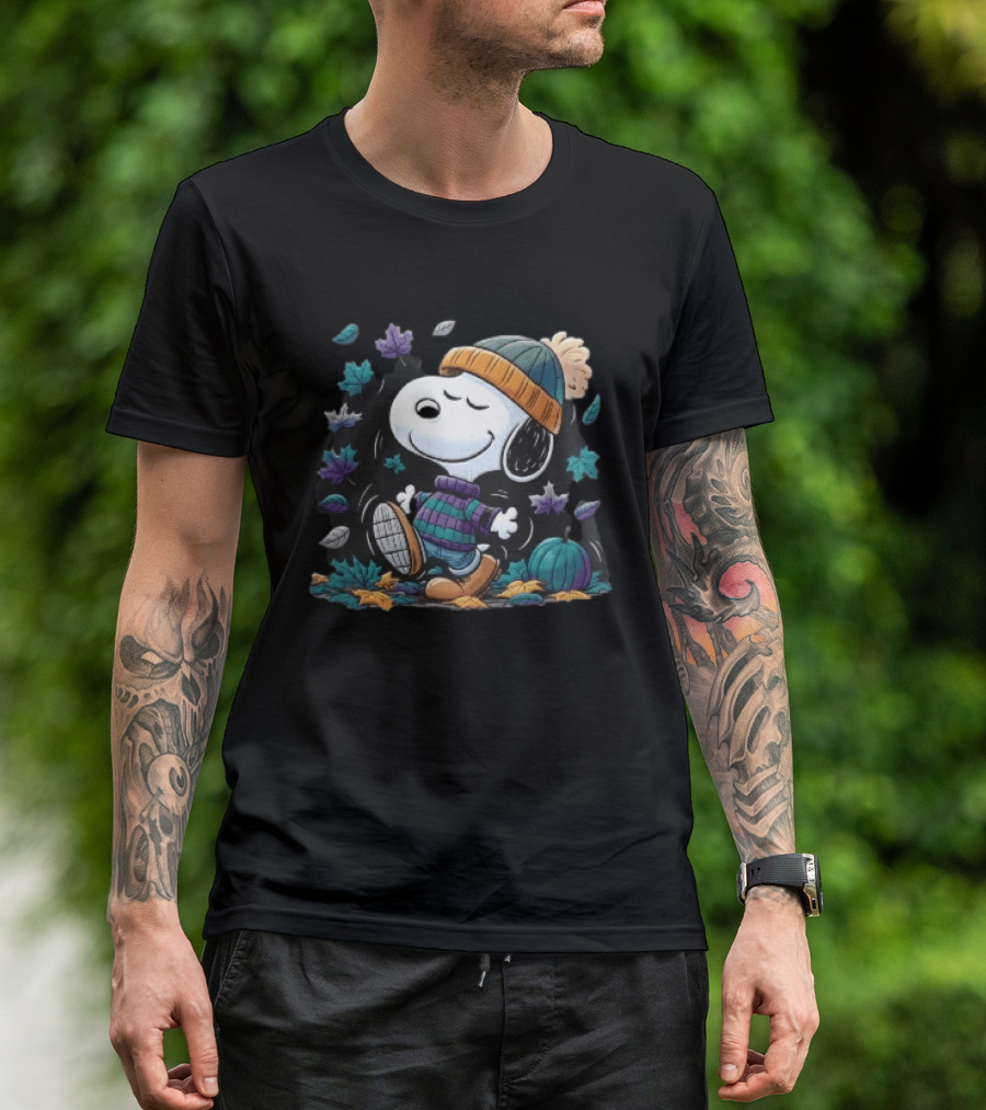 Snoopy Autumn Walk Striped Beanie Pumpkin And Falling Leaves T-Shirt