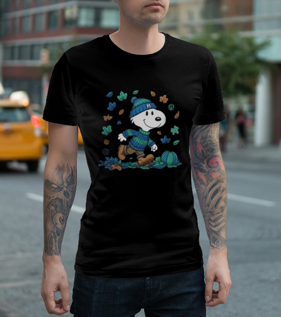Snoopy Walking Autumn Leaves Blue Green Beanie Pumpkin T-Shirt