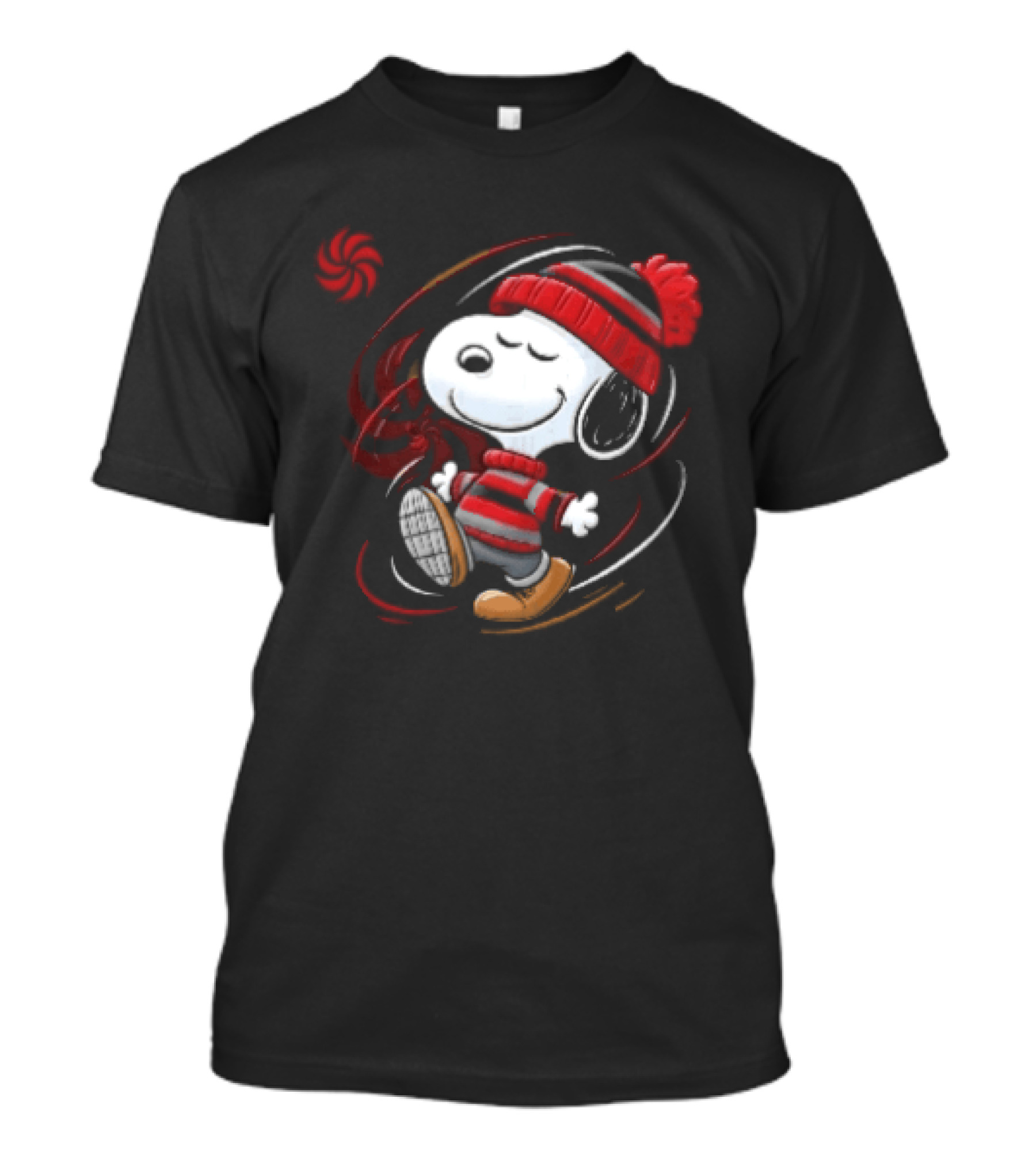 Snoopy Walking Red Black Striped Beanie Swirl Cartoon T-Shirt