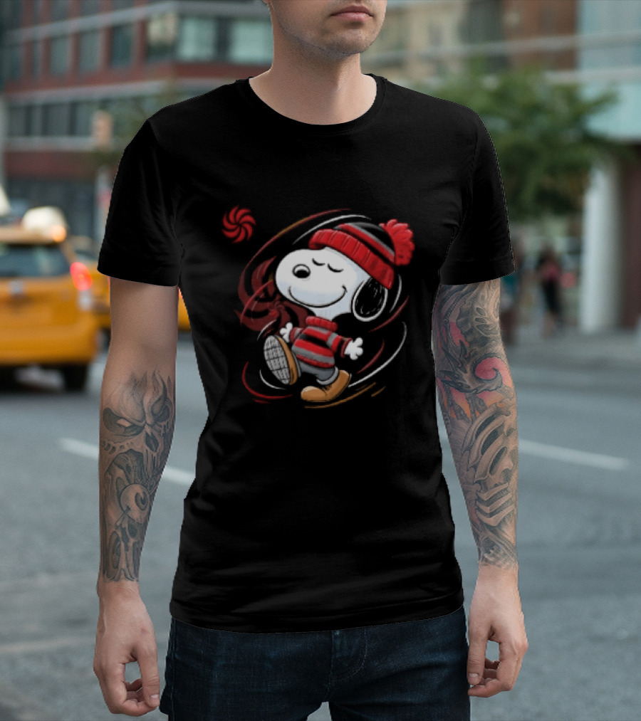Snoopy Walking Red Black Striped Beanie Swirl Cartoon T-Shirt