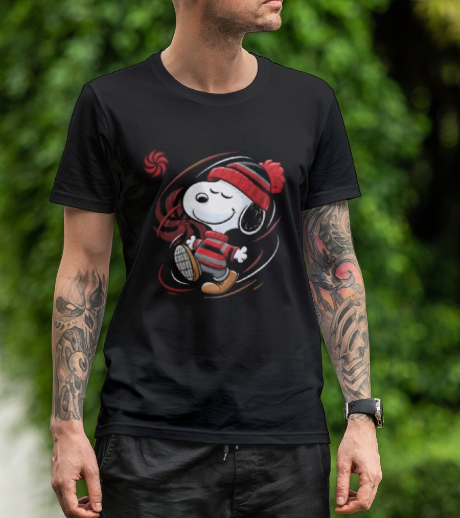 Snoopy Walking Red Black Striped Beanie Swirl Cartoon T-Shirt