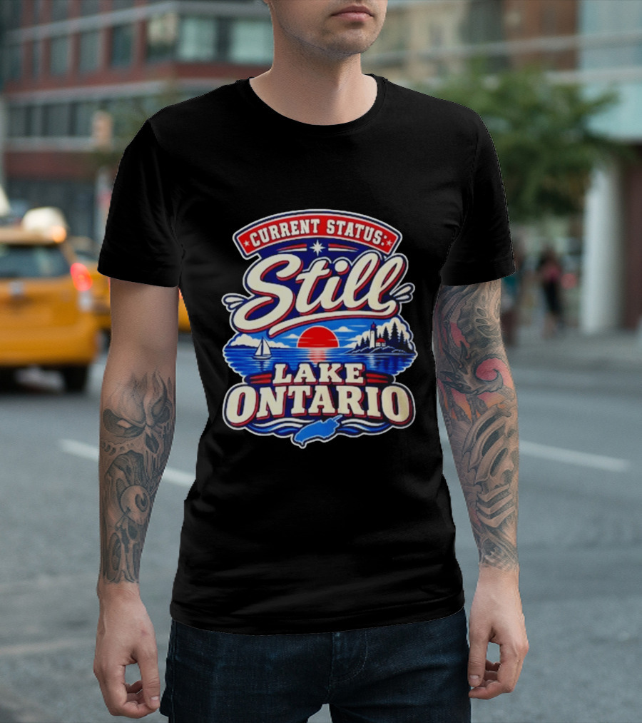 Current Status Still Lake Ontario Sunset Sailboat Lighthouse Scene T-Shirt