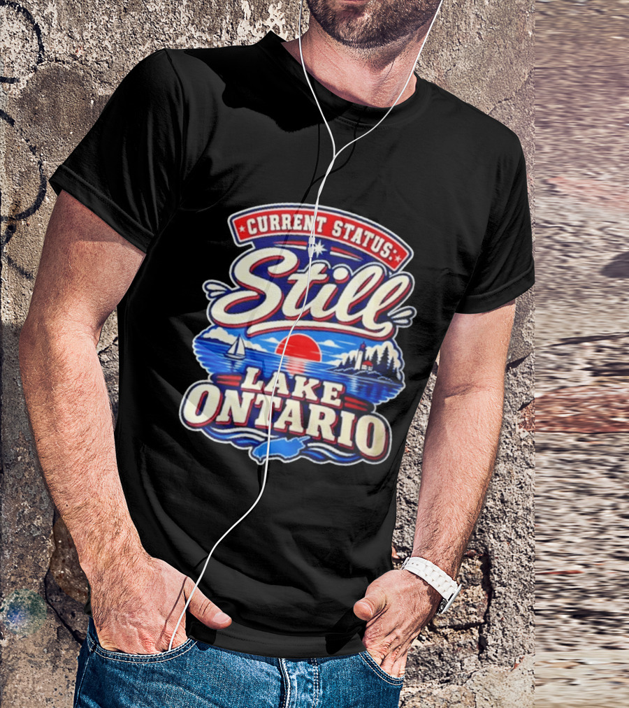 Current Status Still Lake Ontario Sunset Sailboat Lighthouse Scene T-Shirt