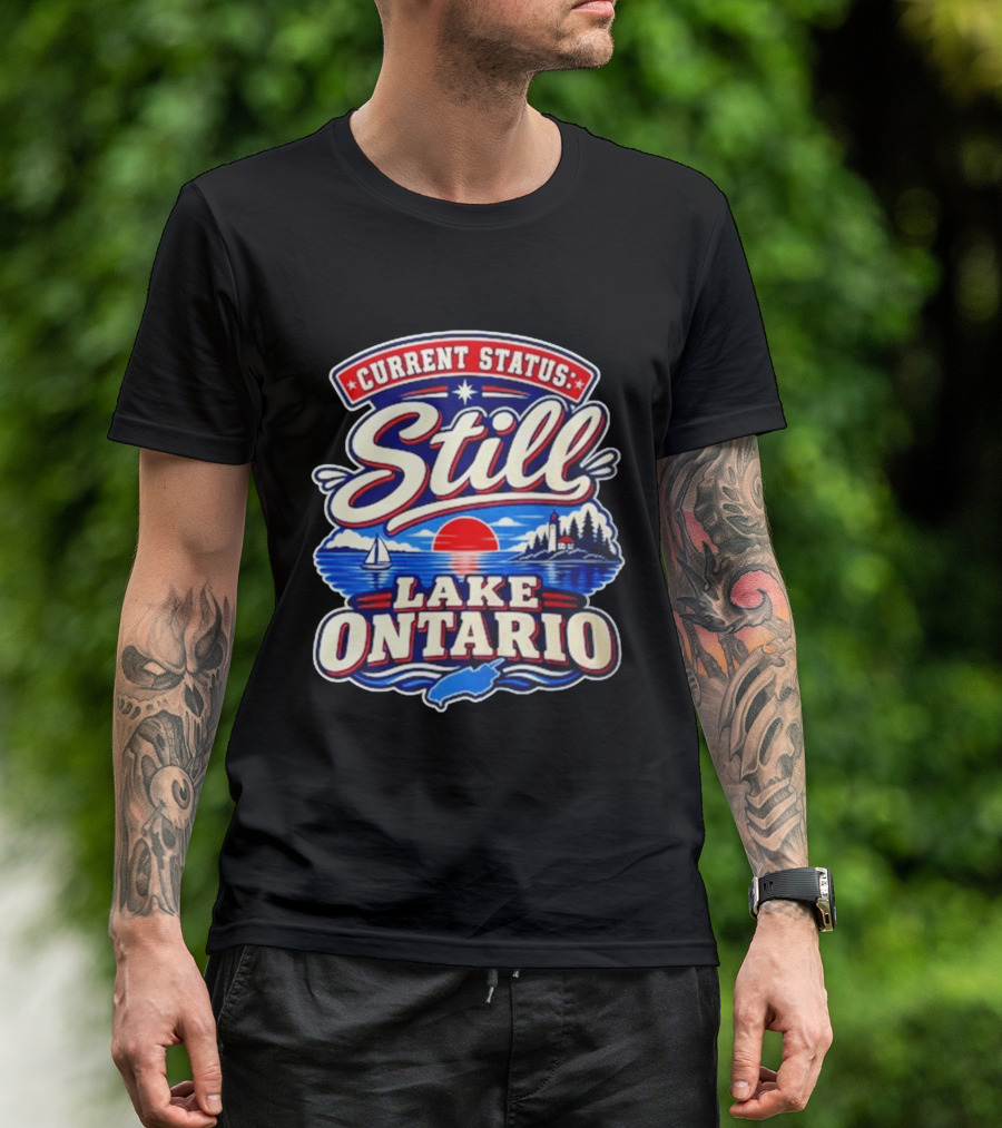 Current Status Still Lake Ontario Sunset Sailboat Lighthouse Scene T-Shirt