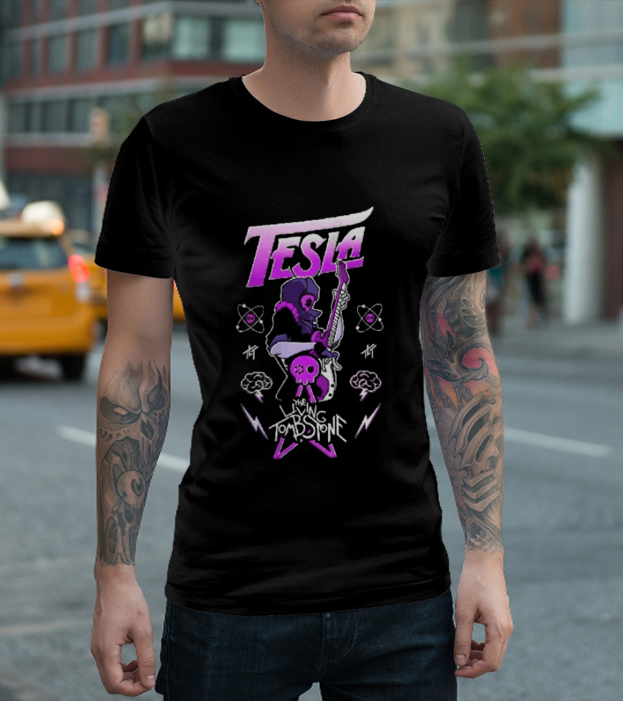 Tesla The Living Tombstone Purple Hooded Skull Mask Electric Guitar Pixel T-Shirt