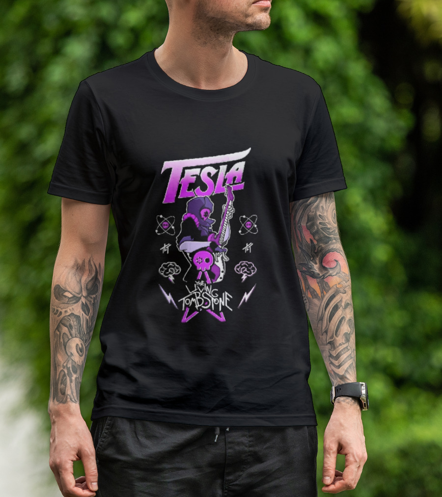 Tesla The Living Tombstone Purple Hooded Skull Mask Electric Guitar Pixel T-Shirt