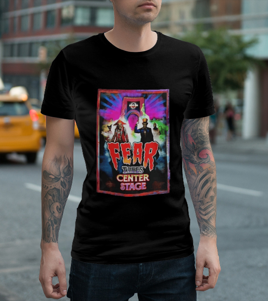 Universal Studios Fear Takes Center Stage Horror Characters Neon Archway Fog T-Shirt