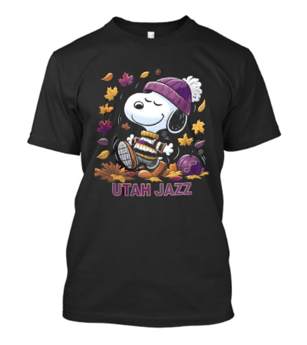 Utah Jazz Snoopy Cartoon Walking In Autumn Leaves Purple Beanie Basketball T-Shirt