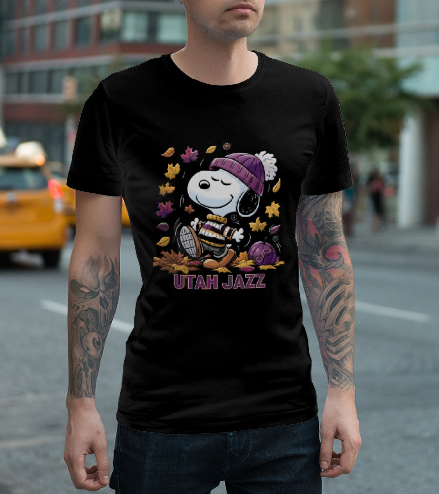 Utah Jazz Snoopy Cartoon Walking In Autumn Leaves Purple Beanie Basketball T-Shirt