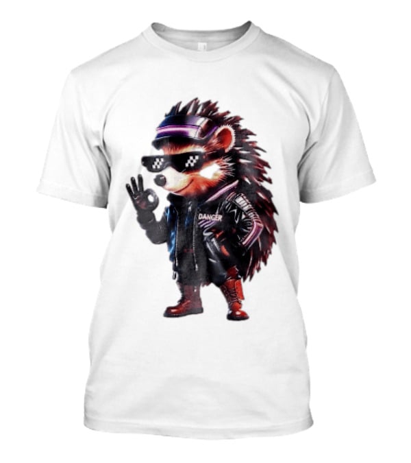 Danger Hedgehog Pixel Sunglasses Leather Jacket T-Shirt