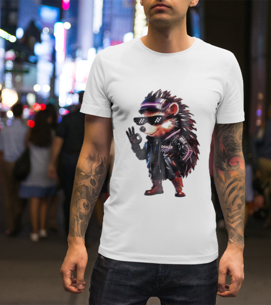 Danger Hedgehog Pixel Sunglasses Leather Jacket T-Shirt