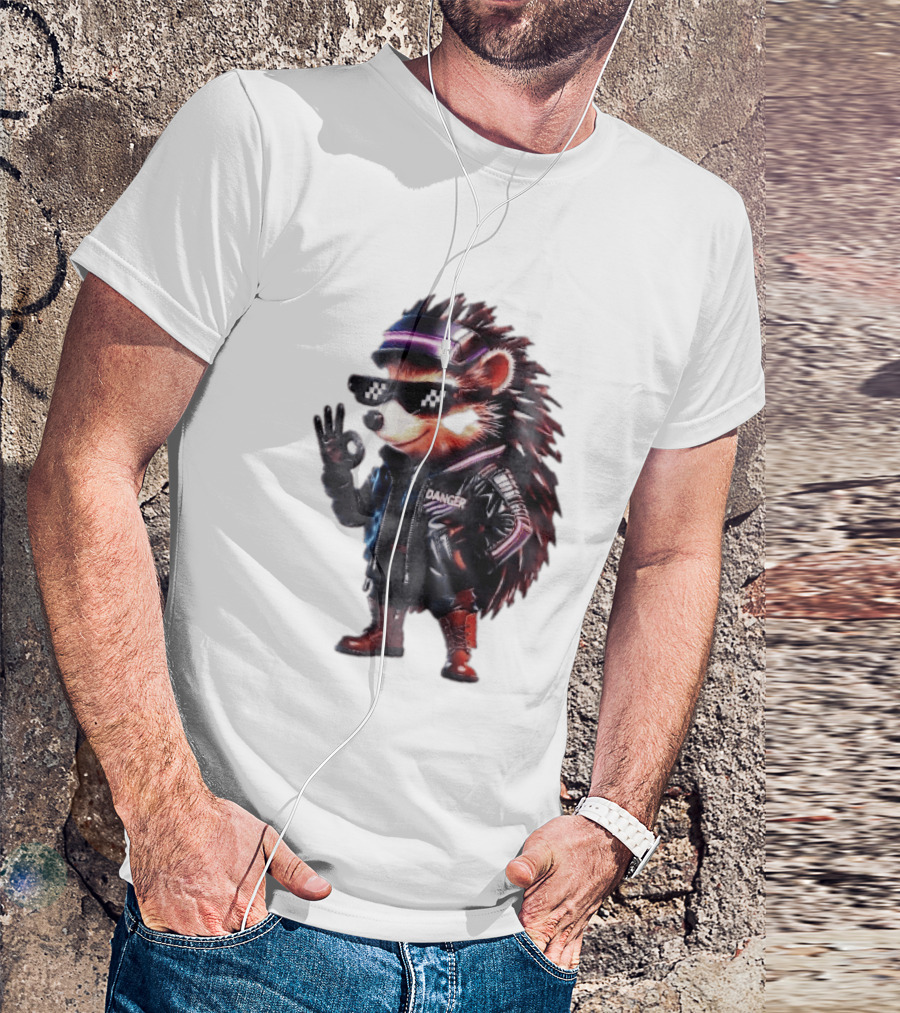 Danger Hedgehog Pixel Sunglasses Leather Jacket T-Shirt