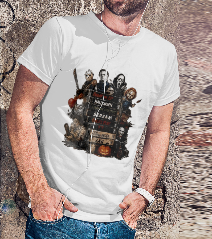 Friday The 13th Halloween Nightmare On Elm Street Scream Child's Play IT Texas Chainsaw Massacre Saw Horror Movie Stack T-Shirt