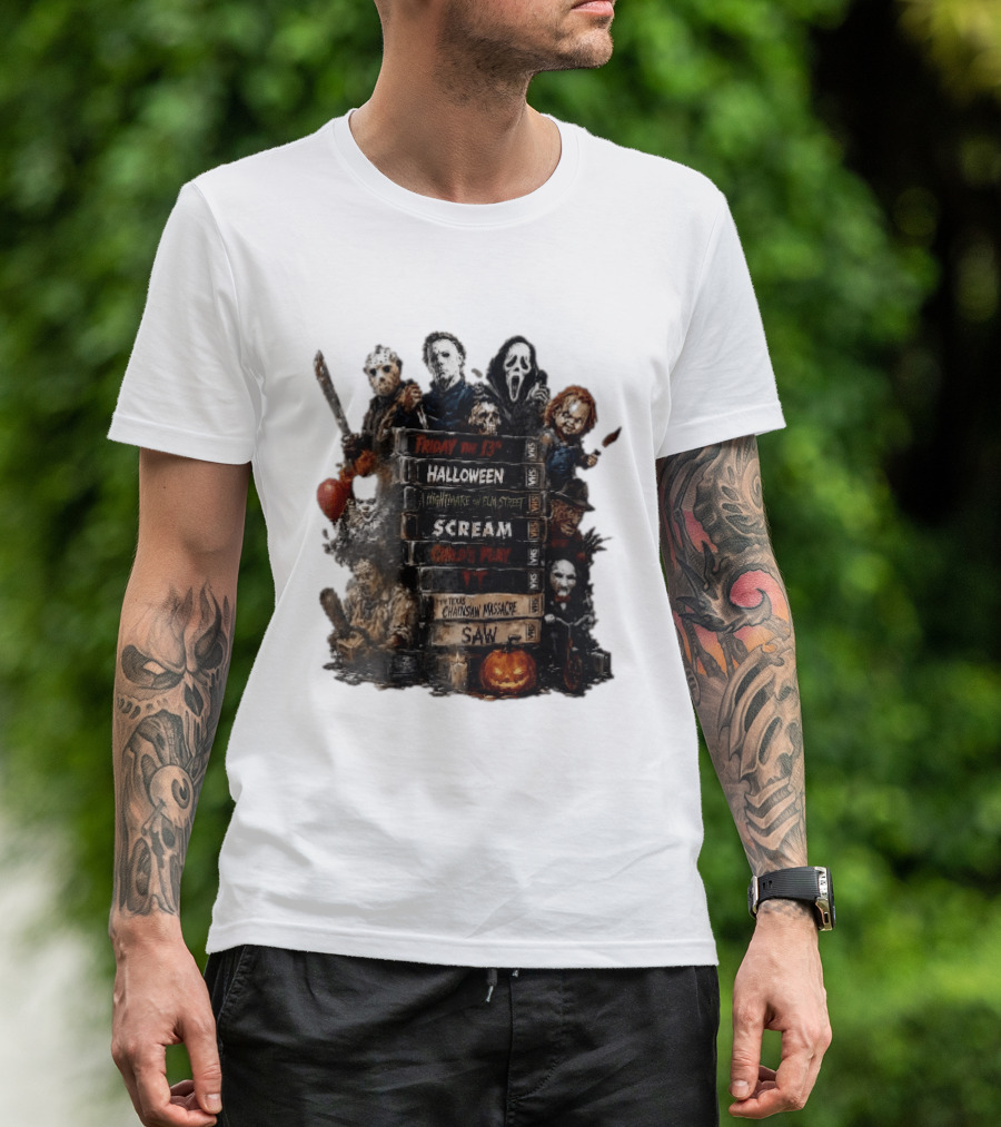 Friday The 13th Halloween Nightmare On Elm Street Scream Child's Play IT Texas Chainsaw Massacre Saw Horror Movie Stack T-Shirt