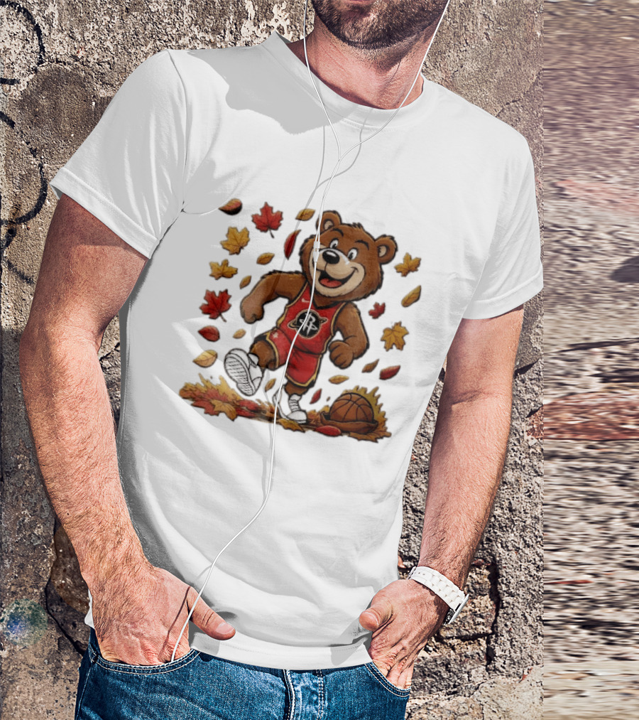 Houston Rockets Clutch The Bear Running With Basketball And Autumn Leaves T-Shirt