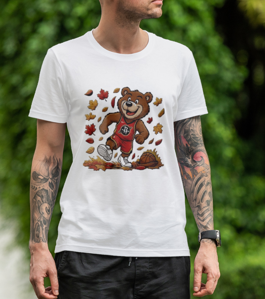 Houston Rockets Clutch The Bear Running With Basketball And Autumn Leaves T-Shirt