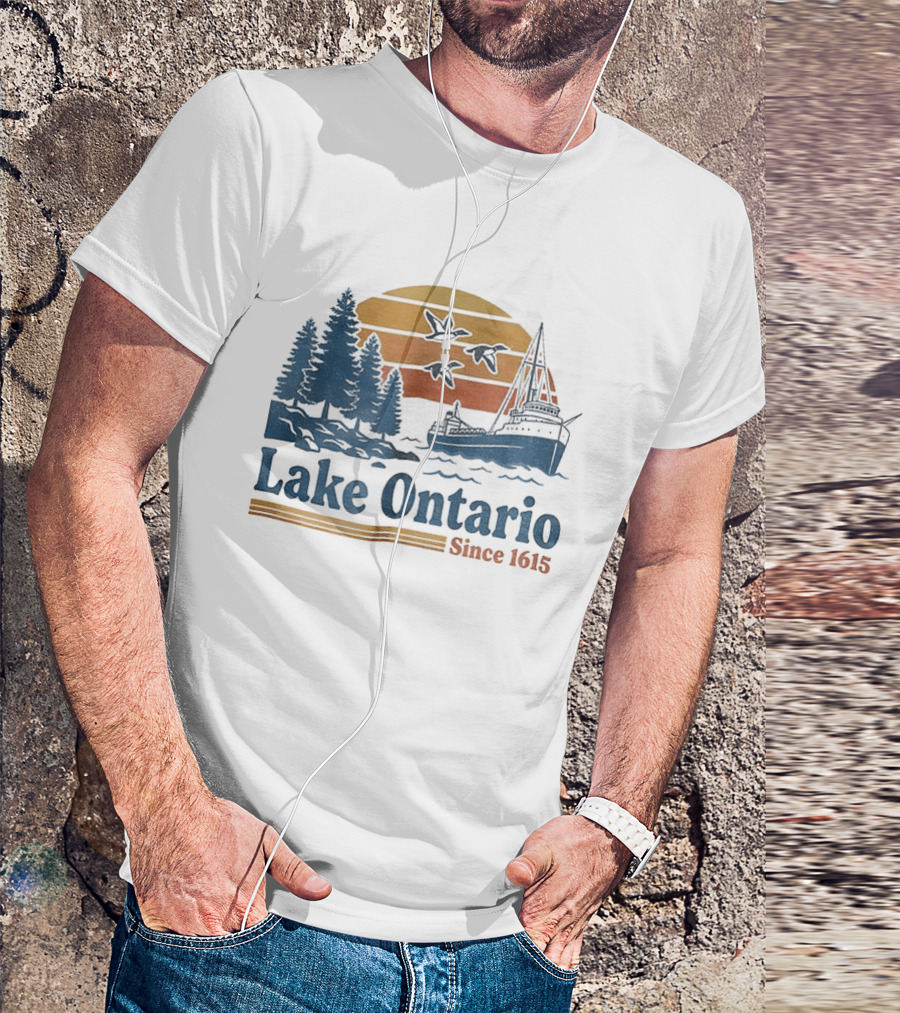 Lake Ontario Great Lakes Since 1615 Scenic Sunrise With Ship And Trees T-Shirt