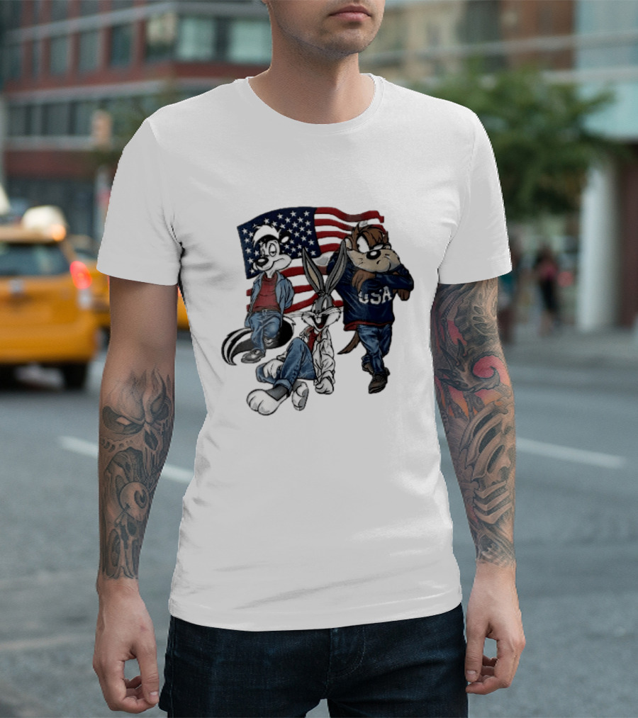 Looney Tunes Pepe Le Pew Bugs Bunny Tasmanian Devil USA American Flag Caricature T-Shirt