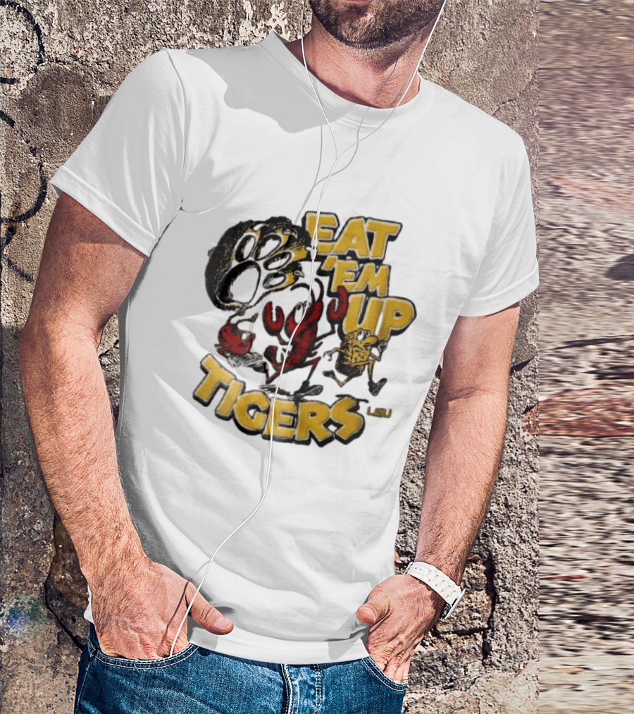 LSU Tigers Eat Em Up Cartoon Crawfish Corn Bean Paw Running T-Shirt