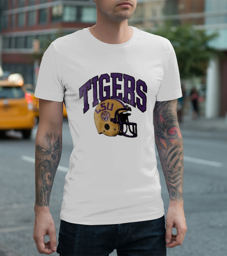 LSU Tigers Yellow Football Helmet Purple Arched Letters NCAA T-Shirt