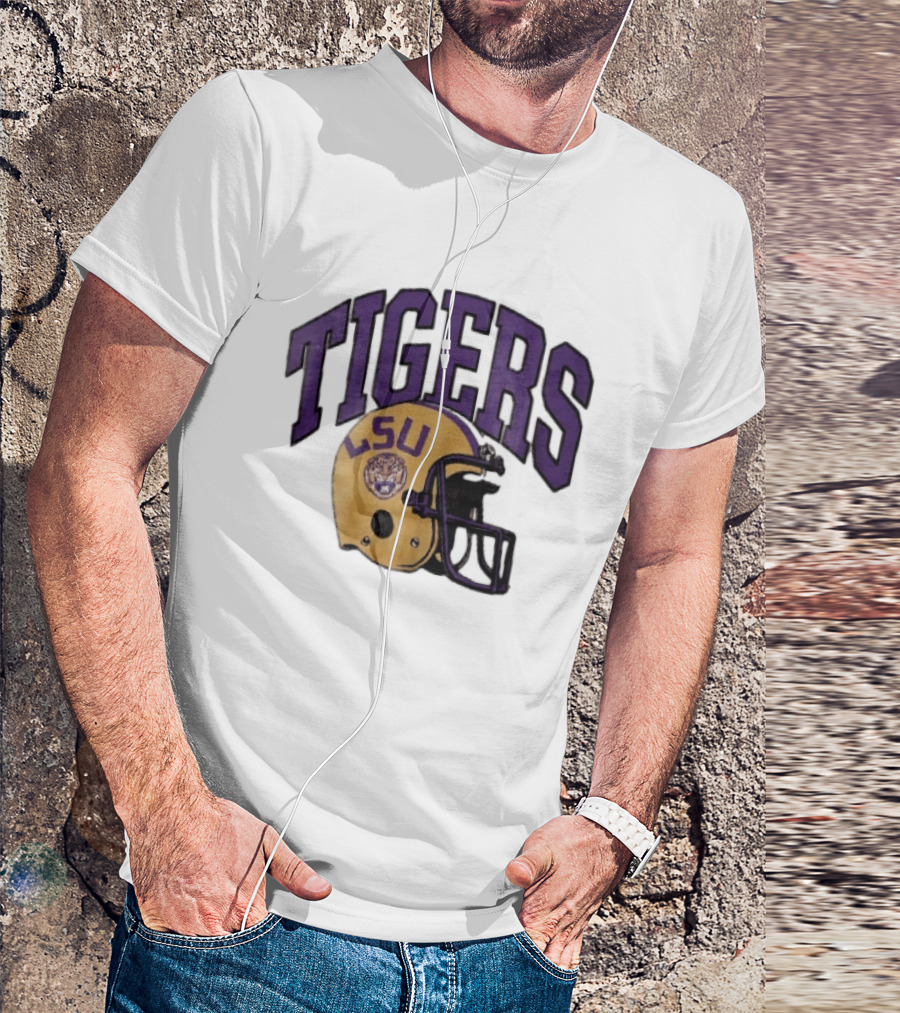 LSU Tigers Yellow Football Helmet Purple Arched Letters NCAA T-Shirt