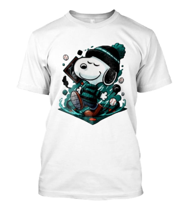 Miami Marlins MLB Snoopy Walking Teal Winter Beanie Striped Baseballs T-Shirt