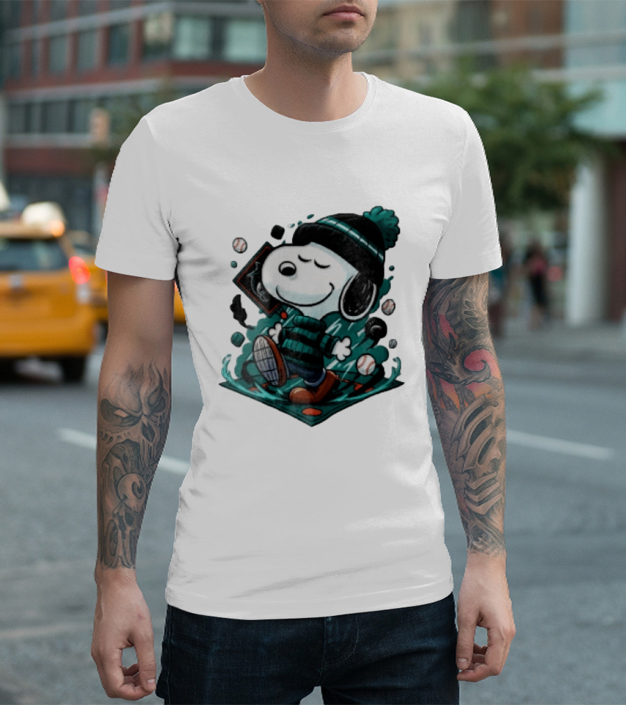 Miami Marlins MLB Snoopy Walking Teal Winter Beanie Striped Baseballs T-Shirt