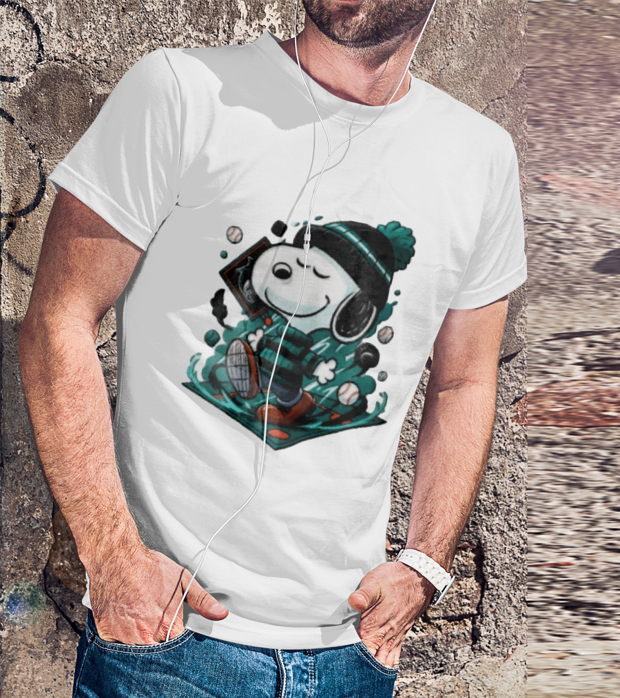 Miami Marlins MLB Snoopy Walking Teal Winter Beanie Striped Baseballs T-Shirt