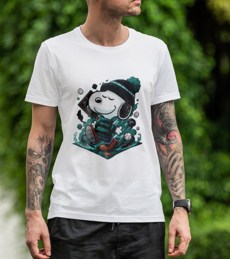 Miami Marlins MLB Snoopy Walking Teal Winter Beanie Striped Baseballs T-Shirt