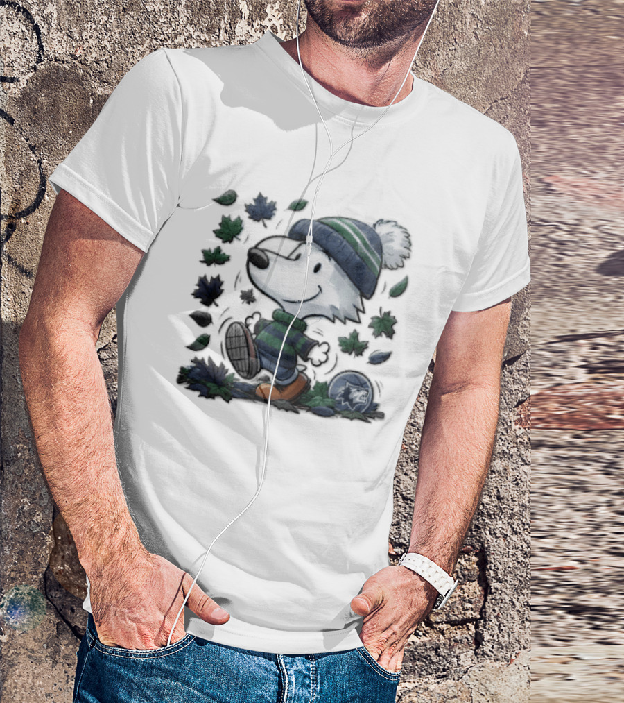 Minnesota Timberwolves Snoopy Beanie Boots Falling Leaves Cartoon T-Shirt