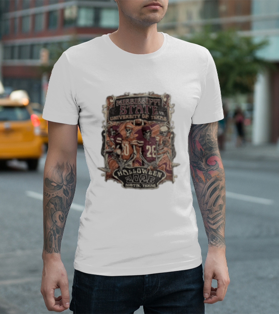 Mississippi State Vs University Of Texas Halloween 2026 Austin Texas Skeleton Football Players T-Shirt