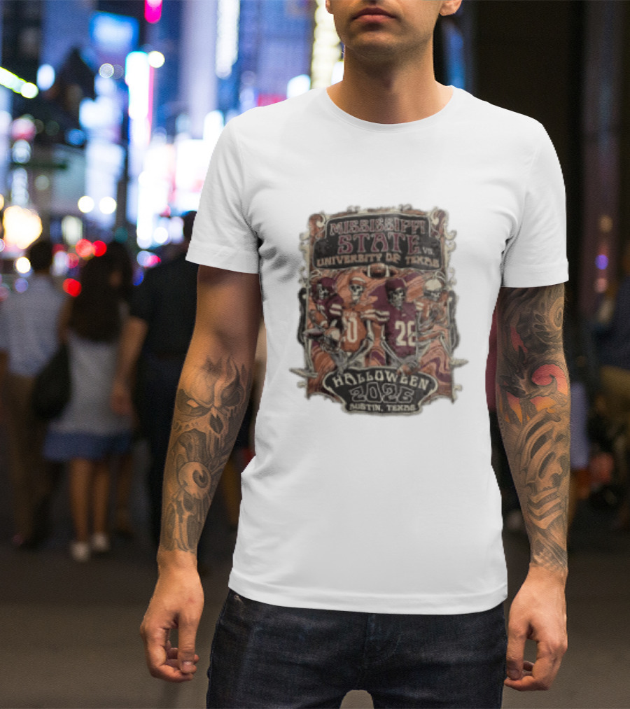 Mississippi State Vs University Of Texas Halloween 2026 Austin Texas Skeleton Football Players T-Shirt