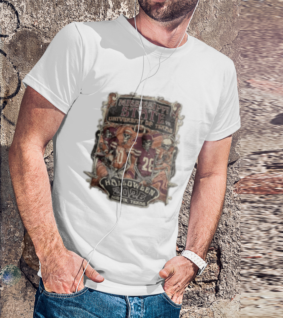 Mississippi State Vs University Of Texas Halloween 2026 Austin Texas Skeleton Football Players T-Shirt