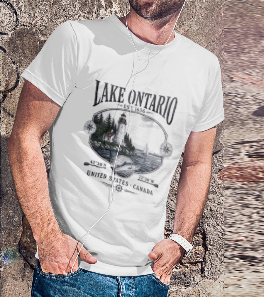 Lake Ontario Lighthouse Sailboat Fish 43 30 And 77 W United States Canada T-Shirt