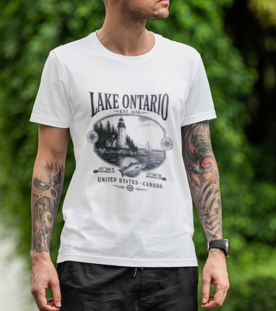 Lake Ontario Lighthouse Sailboat Fish 43 30 And 77 W United States Canada T-Shirt