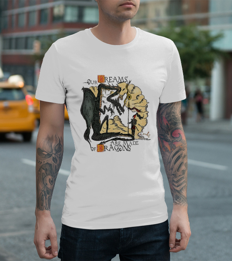 Our Dreams Are Made Of Dragons Artwork Yellow Red Black Fantasy T-Shirt