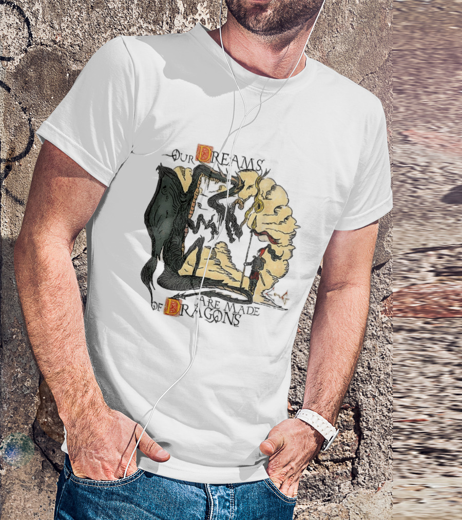 Our Dreams Are Made Of Dragons Artwork Yellow Red Black Fantasy T-Shirt