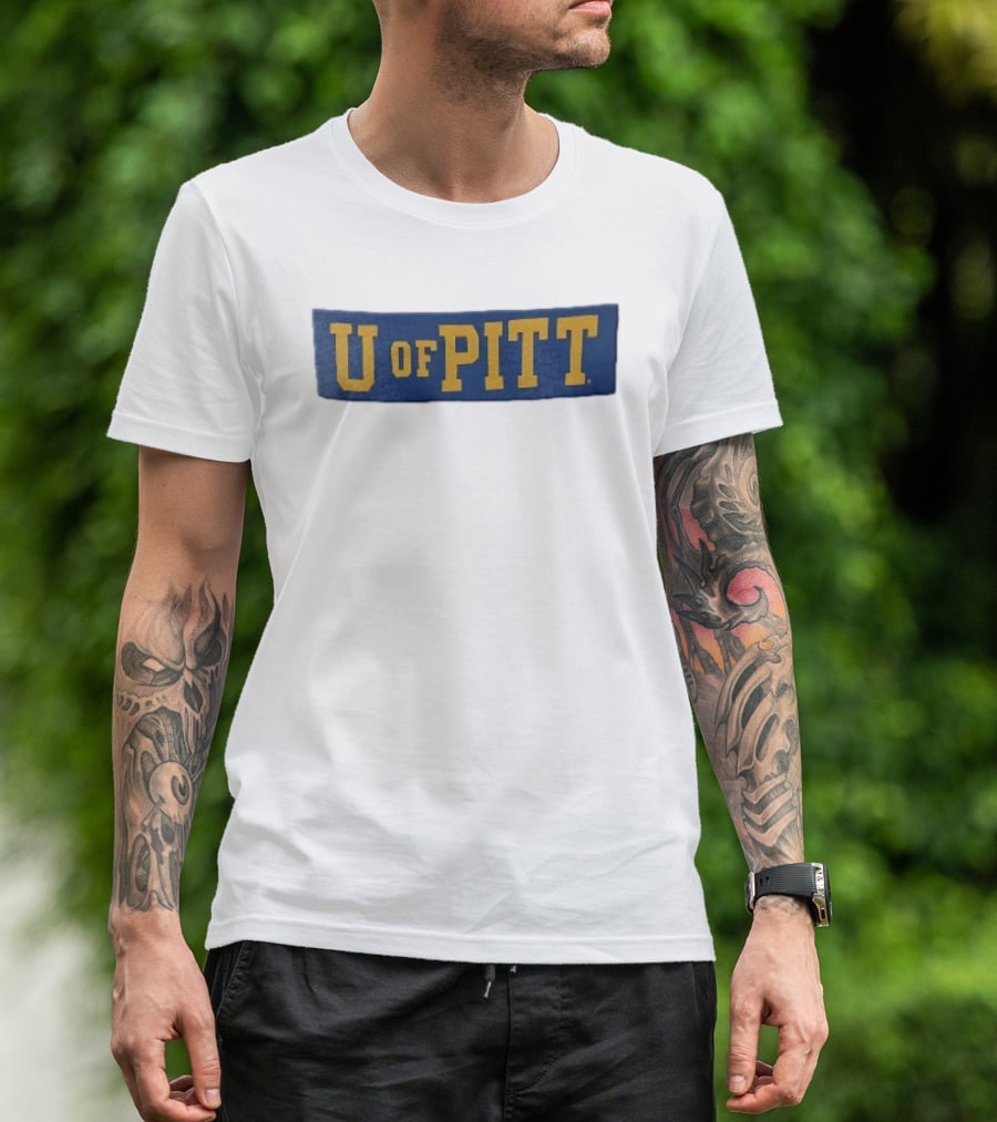 U Of Pitt Blue Wooden Board Yellow Lettering T-Shirt