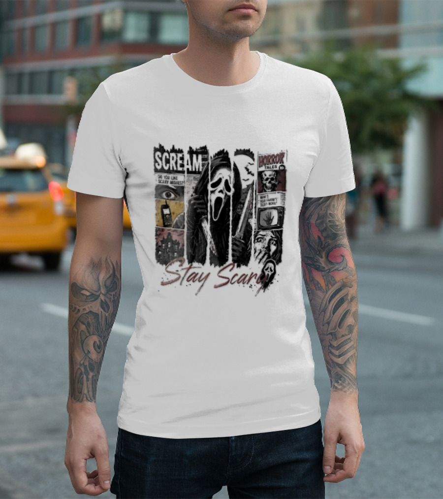Scream Stay Scary Ghostface Comic Bloody Dagger Do You Like Scary Movies T-Shirt