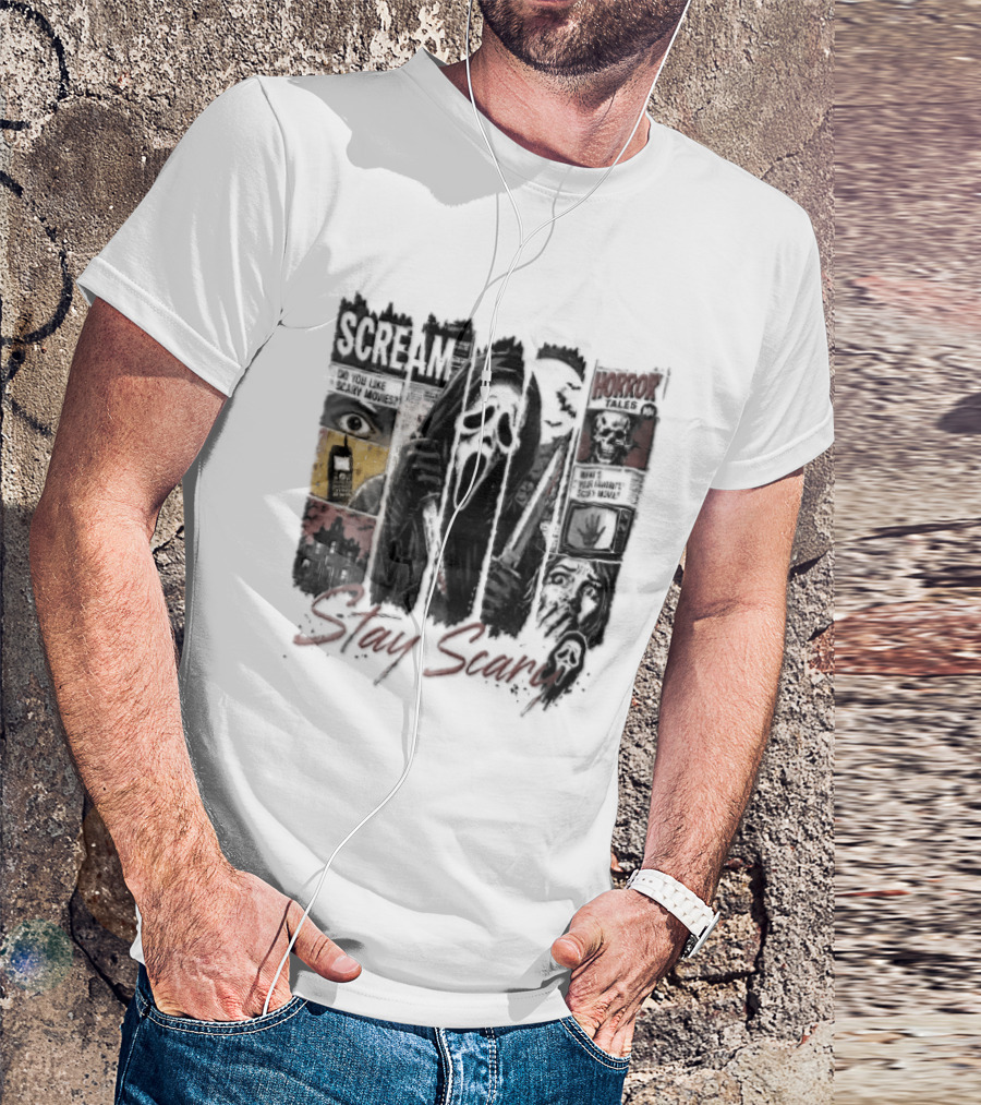 Scream Stay Scary Ghostface Comic Bloody Dagger Do You Like Scary Movies T-Shirt