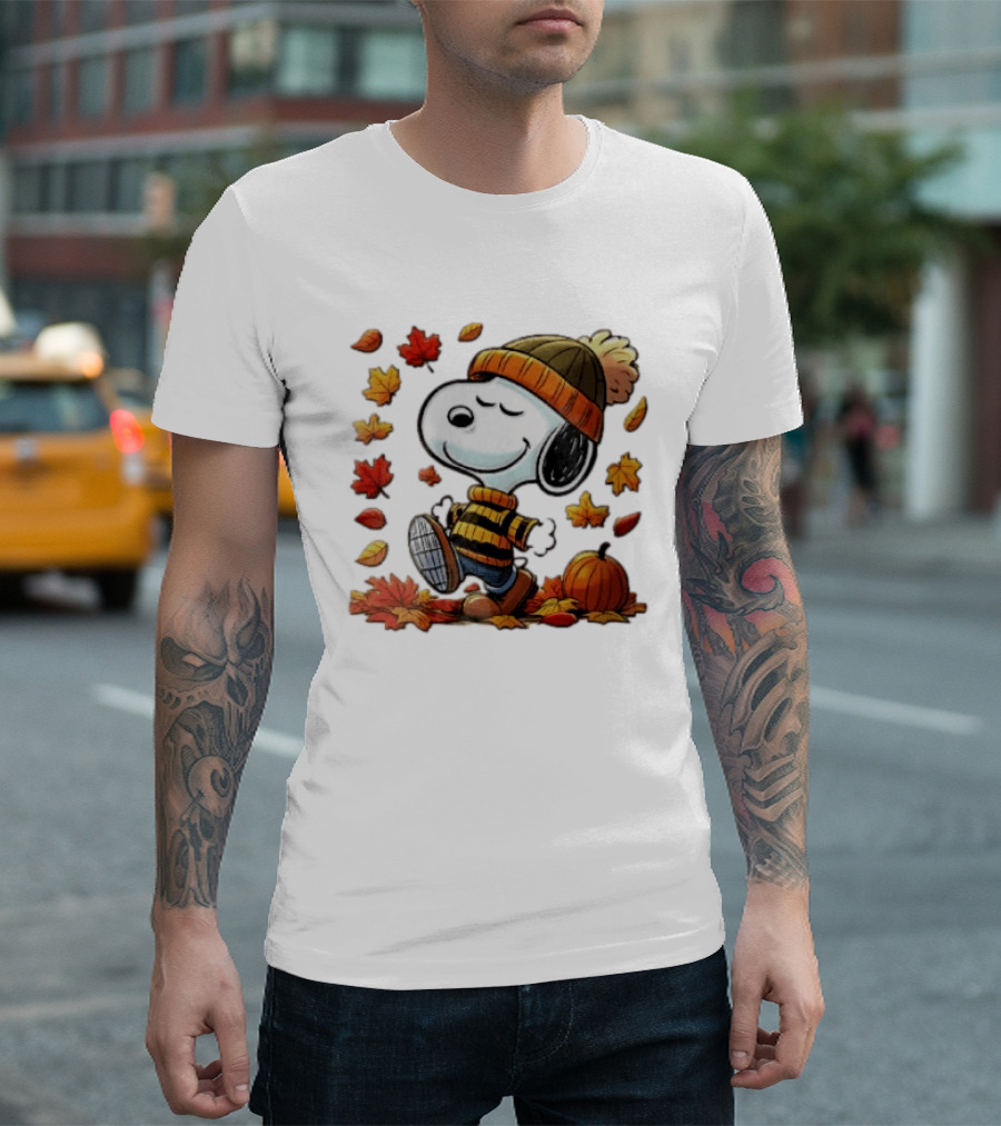 Snoopy Walking In Striped Beanie With Autumn Leaves And Pumpkin T-Shirt