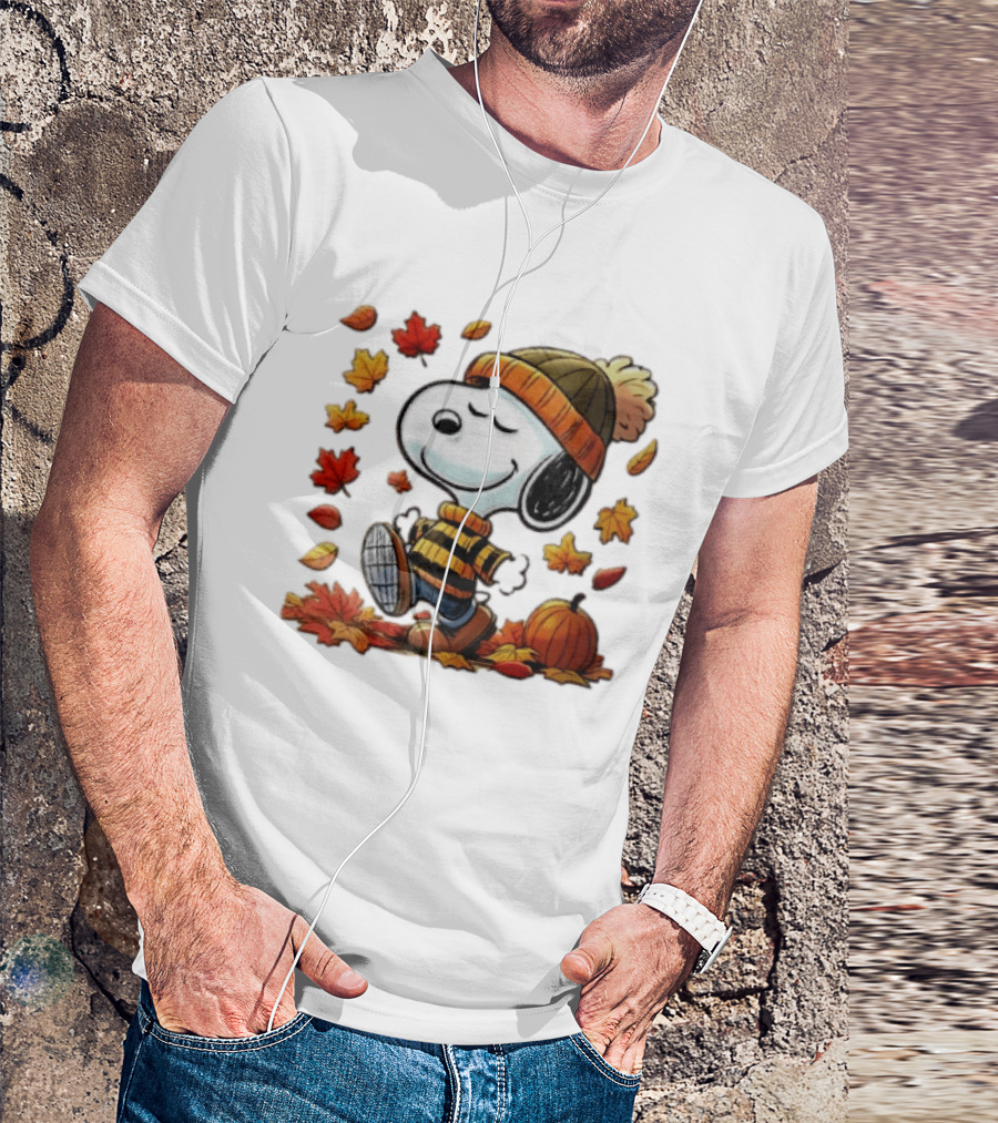 Snoopy Walking In Striped Beanie With Autumn Leaves And Pumpkin T-Shirt