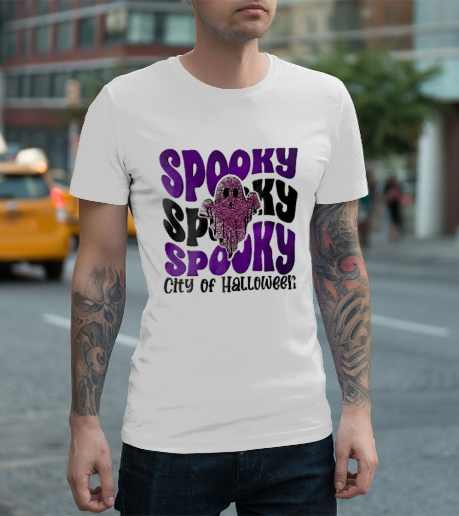 Spooky City Of Halloween Pink Glitter Ghost Retro Groovy T-Shirt