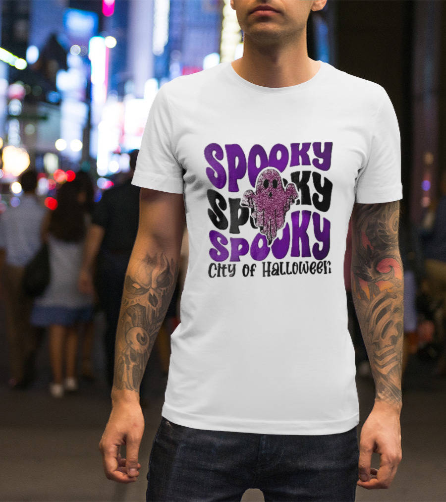 Spooky City Of Halloween Pink Glitter Ghost Retro Groovy T-Shirt