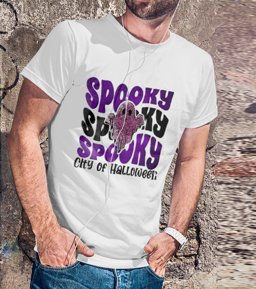 Spooky City Of Halloween Pink Glitter Ghost Retro Groovy T-Shirt